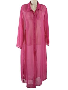 Sheer Button-Front Swim Coverup Duster - Hot Pink